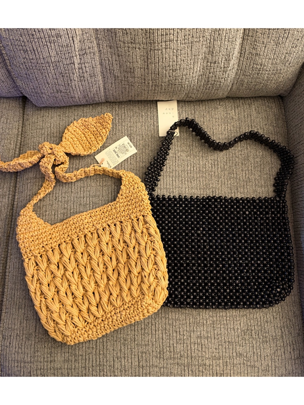 Black Beaded Shoulder Bag & Tan Woven Straw Tote - Women's Accessories